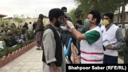 آرشیف، کارکن صحی در هرات حین اندازه گیری درجه تب یک باشنده این ولایت. 