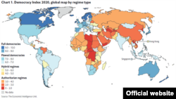 Көк - Толук демократиялуу, көгүш - толук эмес демократиялуу, сары - Гибрид режимдеги, кызгыл жана кызыл - Авторитардык режимдеги мамлекеттер.  