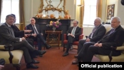 U.S. -- Foreign Ministers Zohrab Mnatsakanian of Armenia and Elmar Mammadyarov of Azerbaijan and international mediators meet in Washington, June 20, 2019.