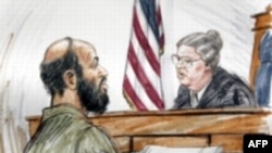 Муссауи на процессе. Рисунок судебного художника