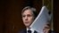 U.S. -- U.S. Secretary of State Antony Blinken holds up documents as he testifies during a Senate Foreign Relations Committee hearing to examine the United States withdrawal from Afghanistan, on Capitol Hill in Washington, September 14, 2021