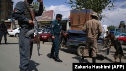 Ооганстандын Улуттук полиция кызматкерлери коопсуздук пунктунда унааны ит менен унаа текшерип жатышат. Кабул шаары. 14-апрель, 2021-жыл.