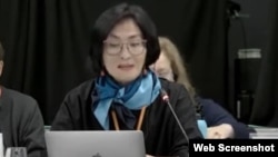 Казахстанская правозащитница Бахытжан Торегожина на конференции ОБСЕ в Варшаве. 2 октября 2024 года