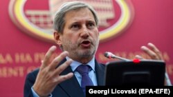 European Enlargement Commissioner Johannes Hahn speaks during a news conference in Skopje, Macedonia, on November 20.