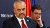 Albanian Prime Minister Edi Rama (left) and Serbian Prime Minister Aleksandar Vucic at a contentious press conference in Belgrade on November 10