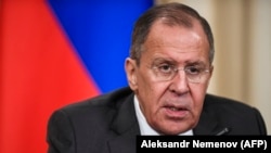 RUSSIA -- Russian Foreign Minister Sergei Lavrov attends a joint press conference with his Chinese counterpart following their talks in Moscow, April 5, 2018.