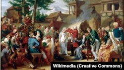 Жан-Шарль Тардье. Людовик XVIII увенчивает деву розовым венком в Митаве. 1813. По преданию, девушка сказала королю: "Сир, да вознаградит вас Бог!" и предсказала, что он вернет себе корону предков