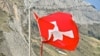 Флаг Швейцарии на одном из горных перевалов в Альпах