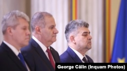 Ceremonia depunerii juramantului de investitura de catre reprezentantii guvernului coalitiei PSD-PNL-UDMR-Minoritati, la Palatul Cotroceni, 23 decembrie 2024. Catalin Predoiu, Marian Neacsu si Marcel Ciolacu.