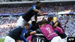 Ֆրանսիայի հավաքականի ֆուտբոլիստները Արգենտինայի ընտրանուն խփած երրորդ գոլից հետո, Կազան, 30-ը հունիսի, 2018թ.