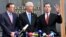 U.S. Senators Chris Murphy (left), Ron Johnson (center), and John Barrasso speak to reporters outside the presidential office following a meeting with Ukraine's president in Kyiv on February 14.