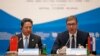 Serbian President Aleksandar Vucic (right) and Chinese Transport Minister Li Xiaopeng host a meeting of China and 16 countries of Central and Eastern Europe in Belgrade on October 16.