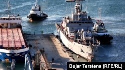 An Italian ship that brought the first migrants to Albania, in the port of Shenjin.