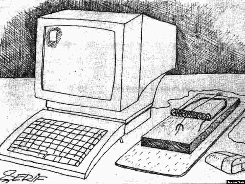 Эркиндикти эңсеген өлкөлөрдөгү саясий сатира  - Өзүн Шериф деп атаган азербайжандык сүрөтчү бийликке ыктабай, эркин ой-жүгүрткөн журналистти кандай кыйынчылыктар күтүп турганын бул карикатурасында көрсөтөт.