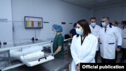 Armenia - Health Minister Anahit Avanesian visits the Armenian company Liqvor producing Sputnik Light vaccine, Yerevan, December 6, 2021.