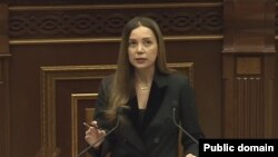 Armenia - Opposition deputy Anna Grigorian gives a speech in the parliament, December 5, 2024.