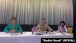 Tajikistan,Dushanbe city, USA military officials during press conference in Dushanbe,23September2015