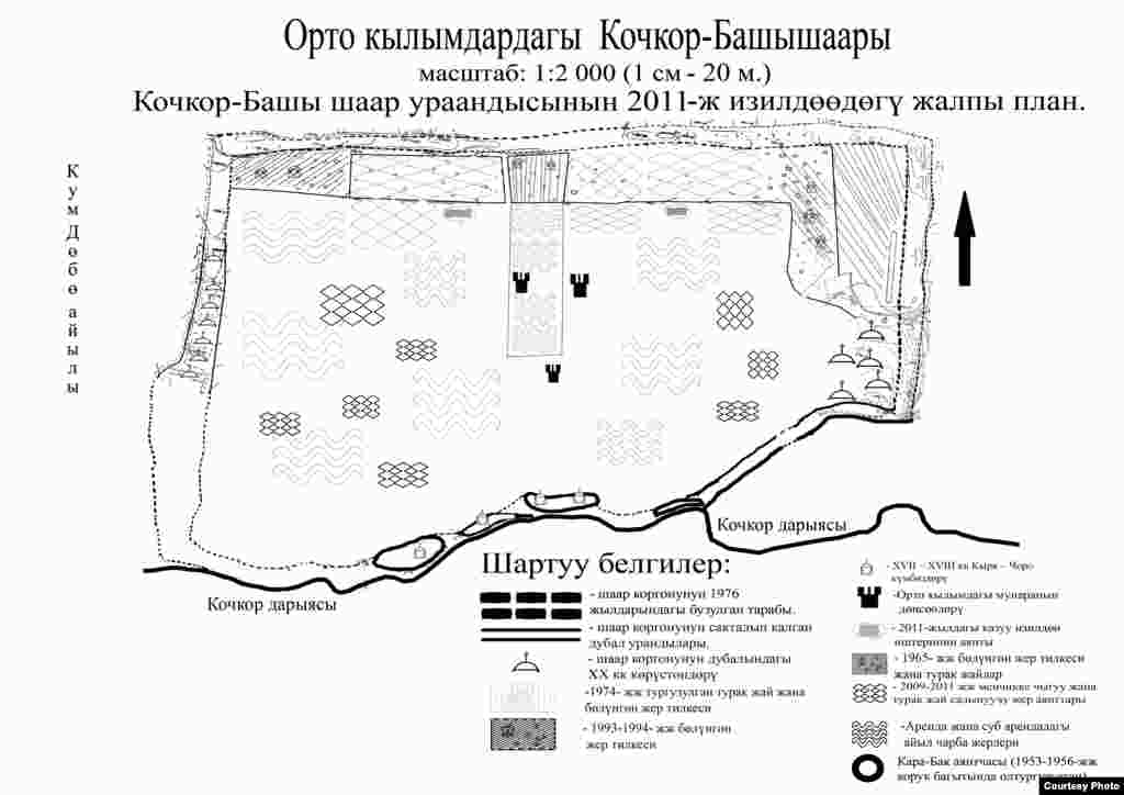 Схематический план городища Тёрт-Кюль. 01.7.2011. - Схематический план городища Тёрт-Кюль (развалин средневекового караханидского города Кочкор-Башы). Фото археолога Ороза Солтобаева (на кыргызском языке). 01.7.2011.