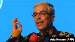 IRAN -- Iranian Armed Forces Chief of Staff Major General Mohammad Bagheri speaks during an international conference in Tehran, February 23, 2021.