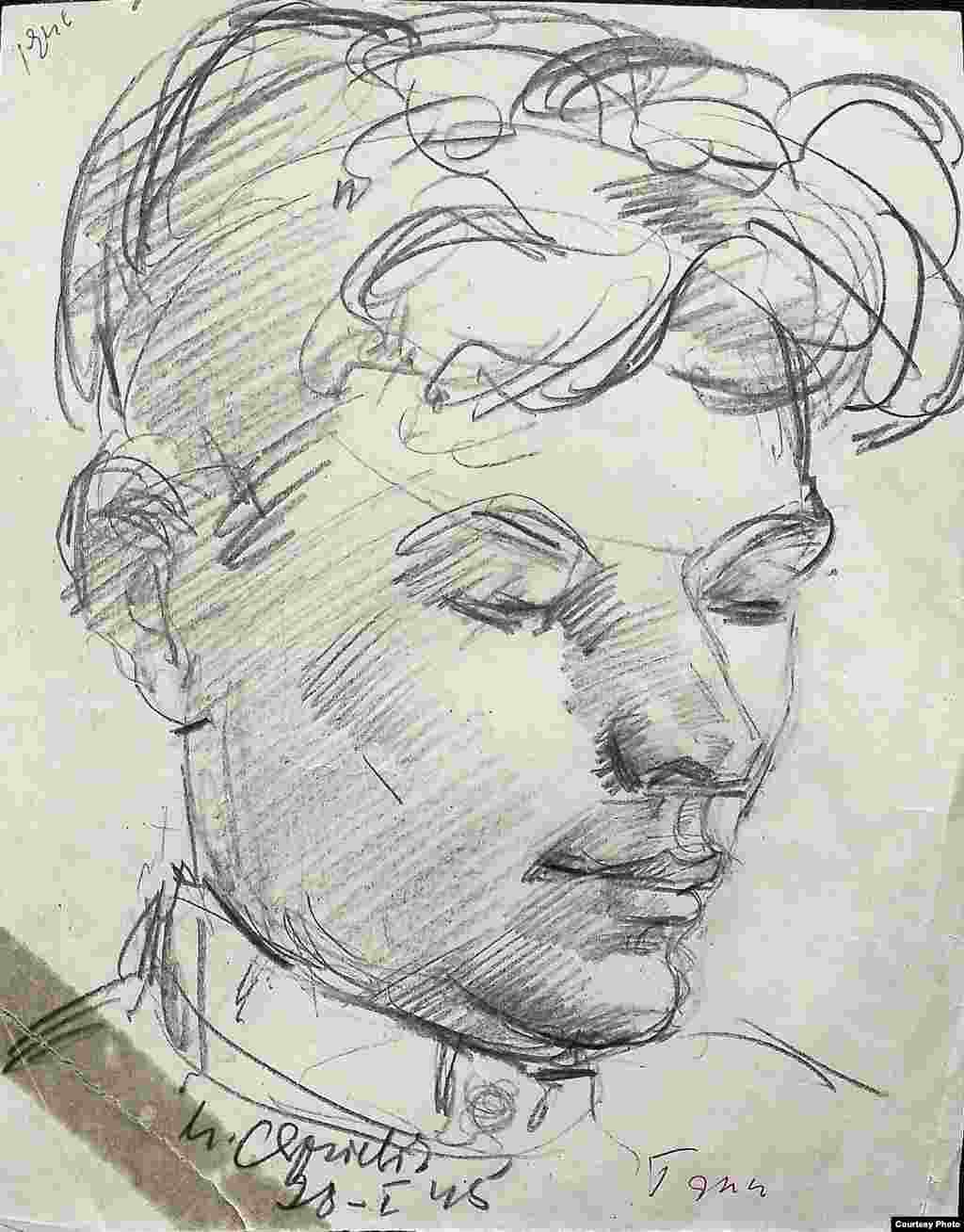 Максім Танк. Партрэт работы мастака Пятра Сергіевіча. Папера, аловак. 1945 г. З асабістага фонду М. Танка ў БДАМЛМ