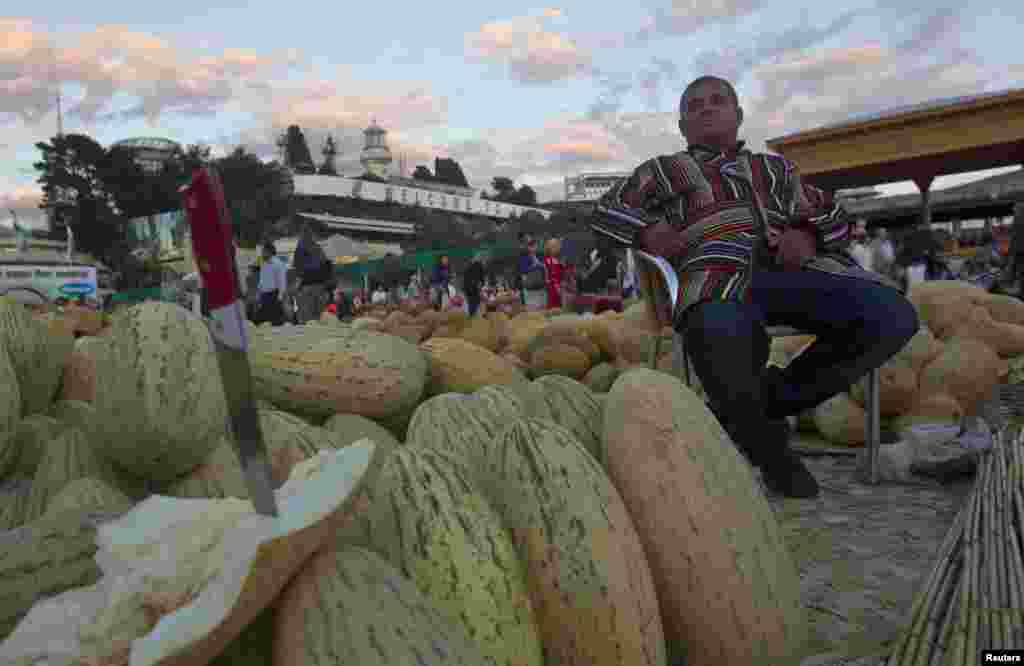 Сочиның Таҗик базарында Таҗикстаннан килгән Шади Мадаминов кавын сата.
