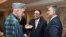 Presidents Hamid Karzai of Afghanistan, Asif Ali Zardari of Pakistan, and Abdullah Gul of Turkey (left to right) chat during a dinner at the Presidential Palace of Cankaya in Ankara.