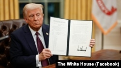 АКШ президенти Дональд Трамп алгачкы жарлыктарга кол коюп жатат. 20-январь, 2025-жыл.