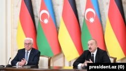 Azerbaijan - Presidents Ilham Aliyev of Azerbaijan and Frank-Walter Steinmeier make statements to the press after talks in Baku, April 2, 2025.