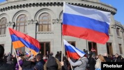 Armenia -- Members of a newly created movement seeking Armenia's closer ties with Russia rally in Yerevan, February 6, 2021.