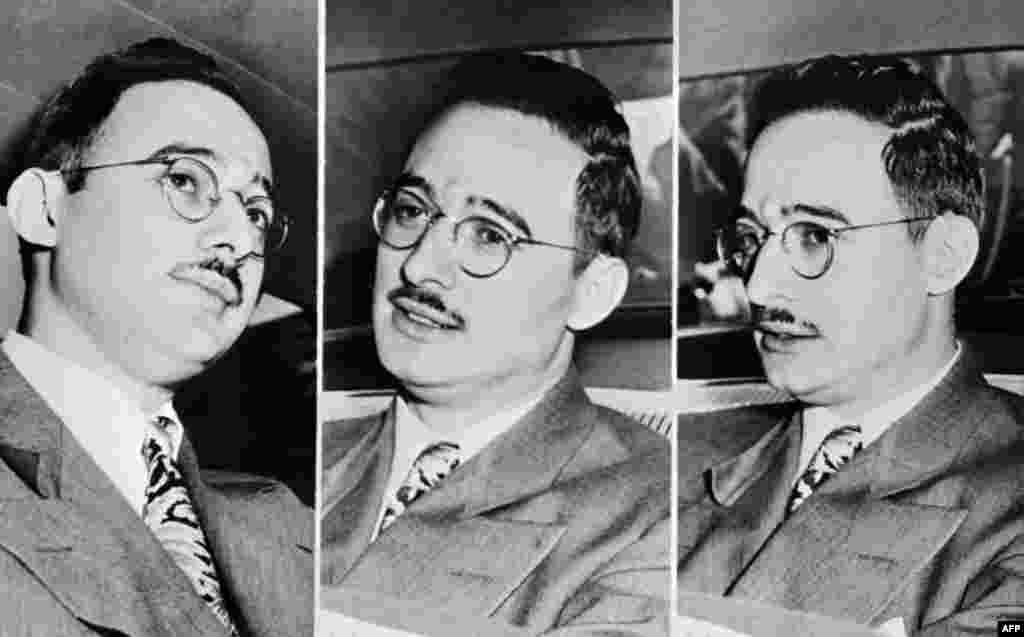 Юлиус Розенберг в полицейской машине в Нью-Йорке после ареста в 1950 году. Розенберга, который был сторонником коммунистической идеологии, обвинили в том, что во время Второй Мировой войны он был завербован агентами НКВД