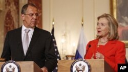 U.S. -- Secretary of State Hillary Rodham Clinton, accompanied by Russian Foreign Minister Sergey Lavrov, speaks at the State Department in Washington, 13Jul2011