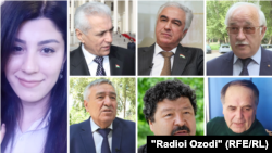 На фото осужденные фигуранты дела о попытке госпереворота: Рухшона Хакимова, Хамрохон Зарифи, Саиджаффар Усмонзода, Ахмадшо Комилзода, Акбаршо Искандаров, Шокирджон Хакимов и Абдулфайз Атои