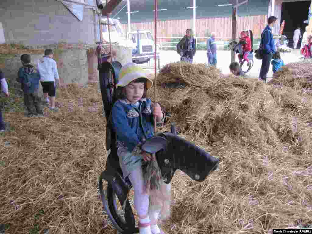 Маленькие дети по очереди наслаждались игрой в наездники и дояров в разных аттракционах во время фестиваля кумыса. 