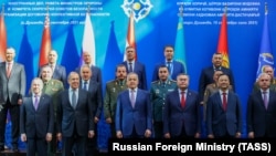 TAJIKISTAN -- The foreign and defense ministers of Collective Security Treaty Organisation (CSTO) member states pose for a photo during a meeting in Dushanbe, September 15, 2021.