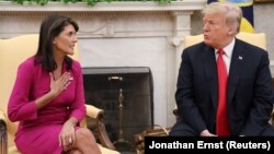 Միացյալ Նահանգների նախագահ Դոնալդ Թրամփը Սպիտակ տանը ընդունել է ՄԱԿ-ում ԱՄՆ դեսպանի պաշտոնից հրաժարական ներկայացրած Նիքի Հեյլիին, Վաշինգտոն, 9-ը հոկտեմբերի, 2018թ․