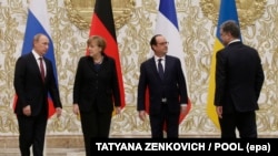 Лідери країн «нормандської четвірки» – президент Росії Володимир Путін, канцлер Німеччини Анґела Меркель, президент Франції Франсуа Олланд, президент України Петро Порошенко, архівне фото