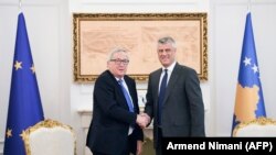 European Commission President Jean-Claude Juncker (left) and Kosovo's President Hashim Thaci in Pristina on February 28.